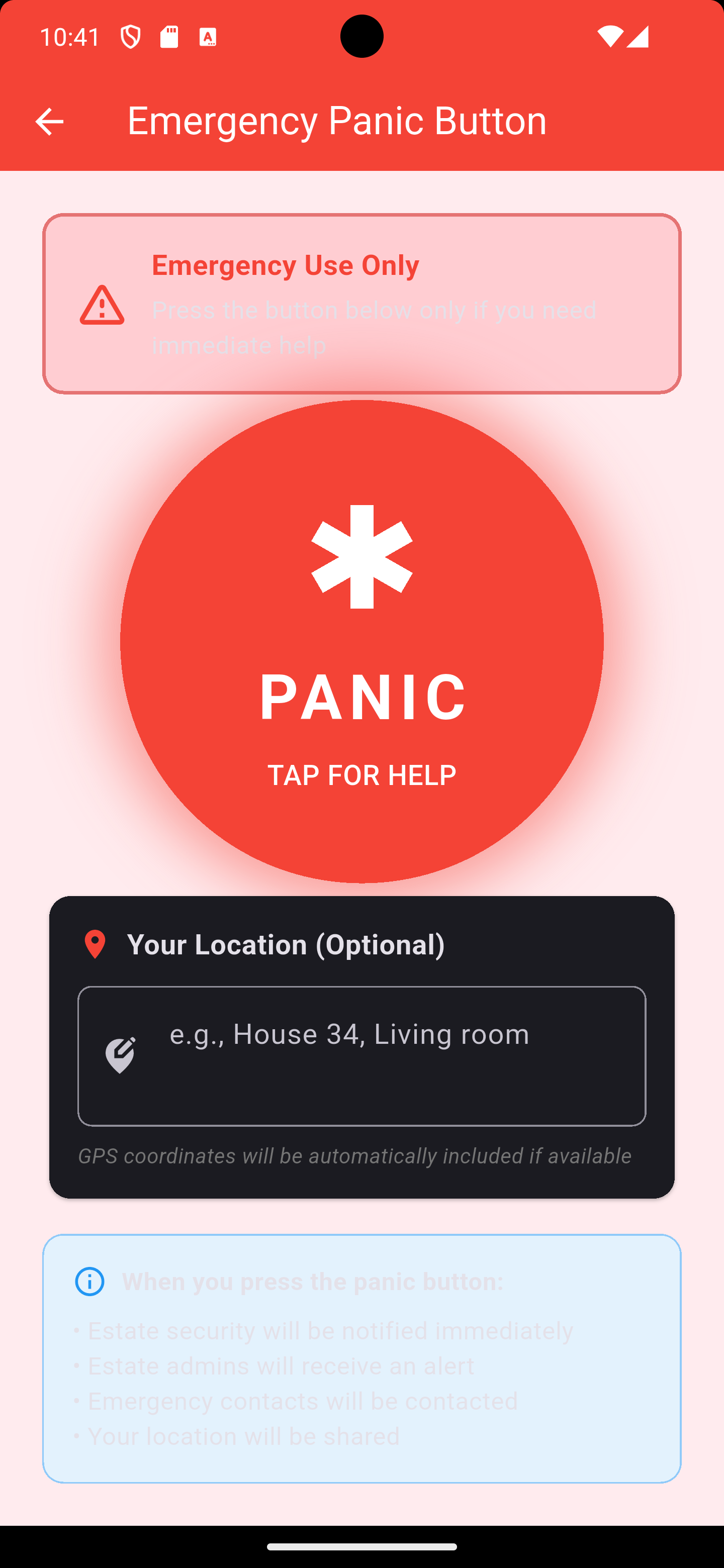App screenshot: Panic button