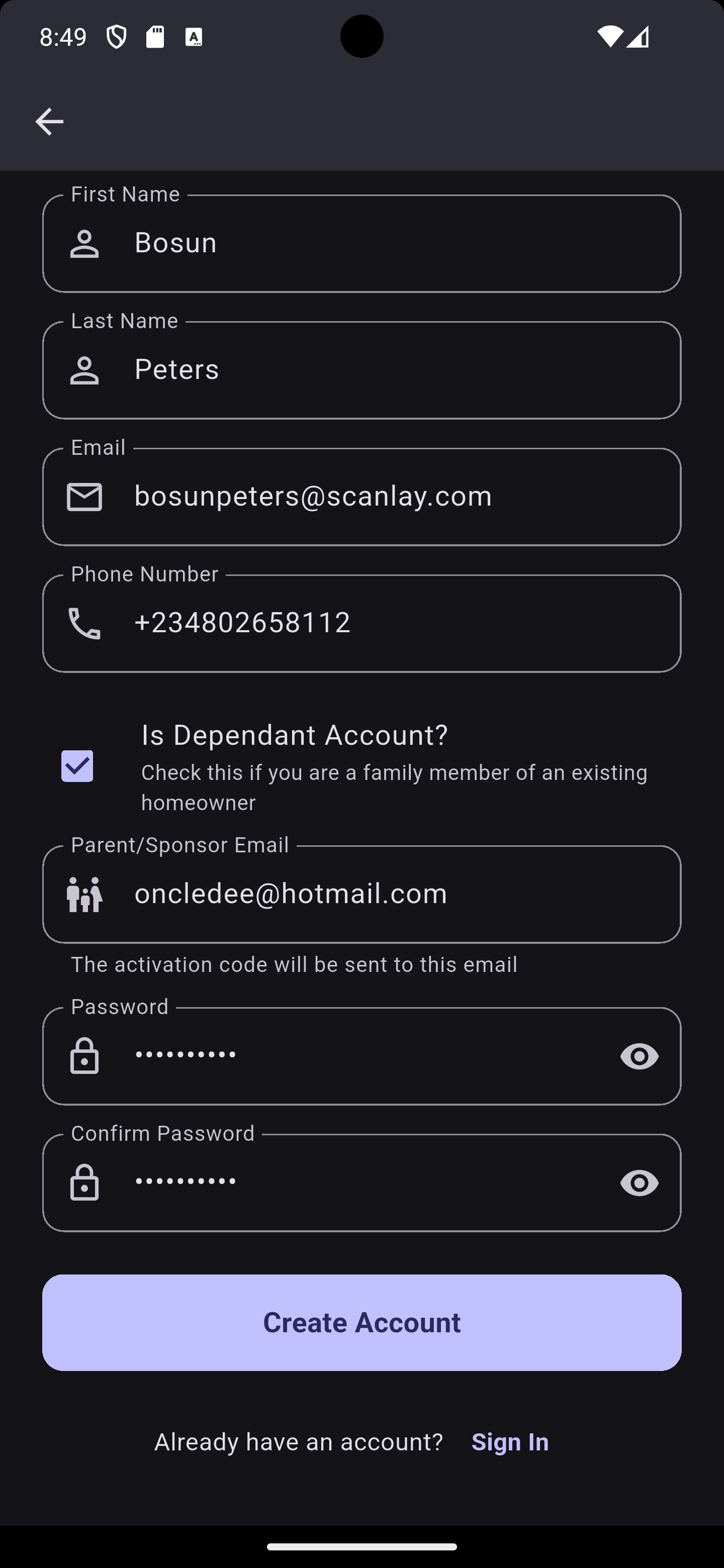 App screenshot: Create new entity
