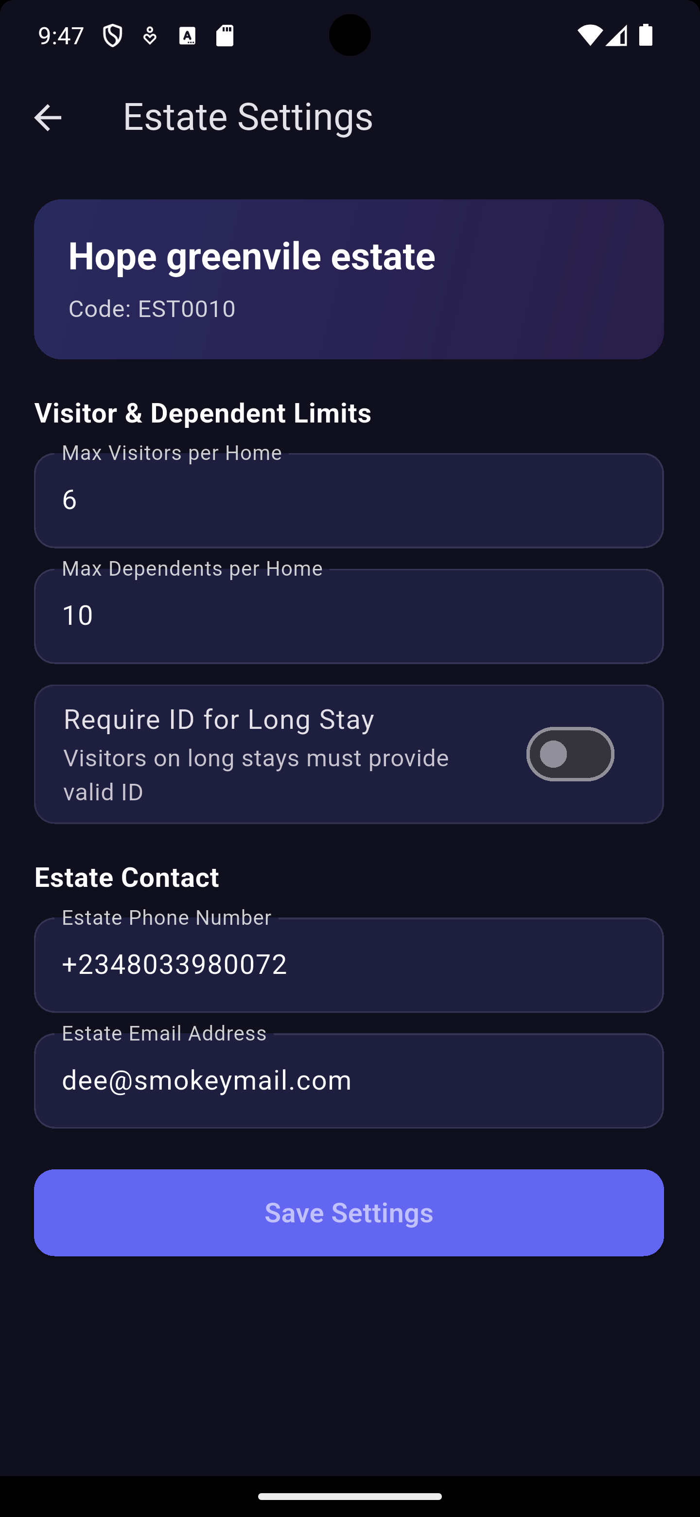 App screenshot: Estate settings
